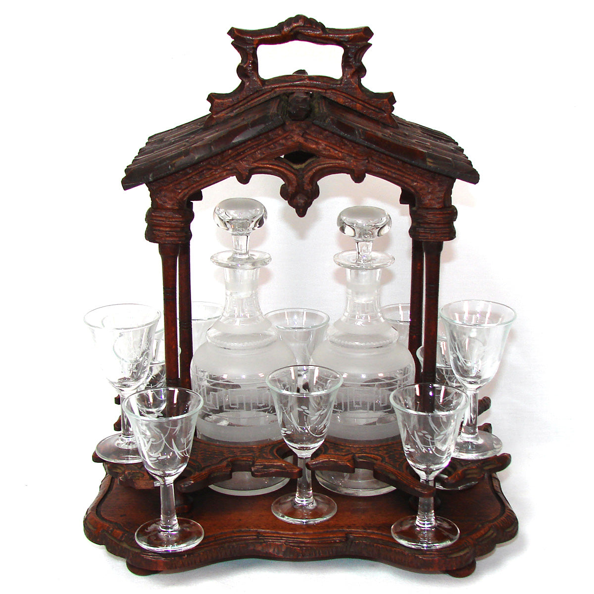 Antique Black Forest Carved 13.5" Liqueur Set, Tantalus in Portico or Gazebo Form, 14pc Glassware