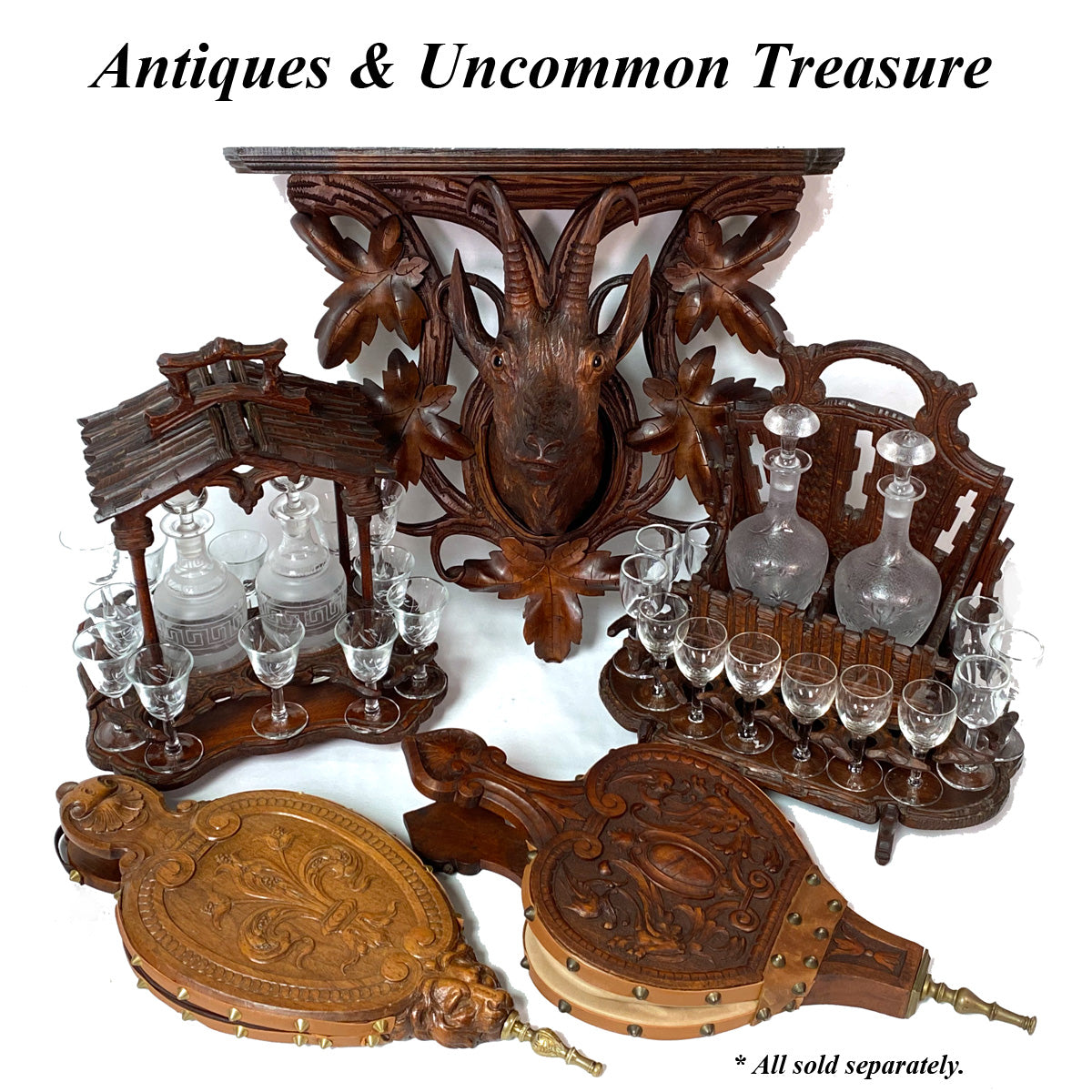 Antique Black Forest Carved 13.5" Liqueur Set, Tantalus in Portico or Gazebo Form, 14pc Glassware