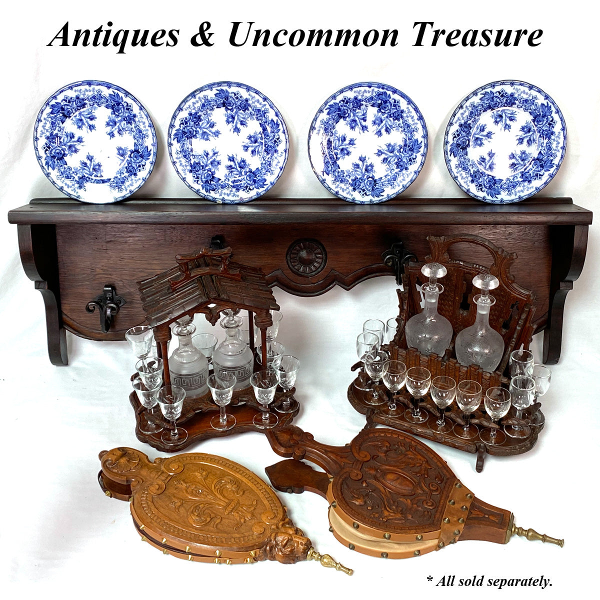 Antique Black Forest Carved 13.5" Liqueur Set, Tantalus in Portico or Gazebo Form, 14pc Glassware