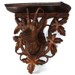 Antique Black Forest Carved 16.75" Wall Shelf, Foliage & Hunt Style Chamois Trophy Figure