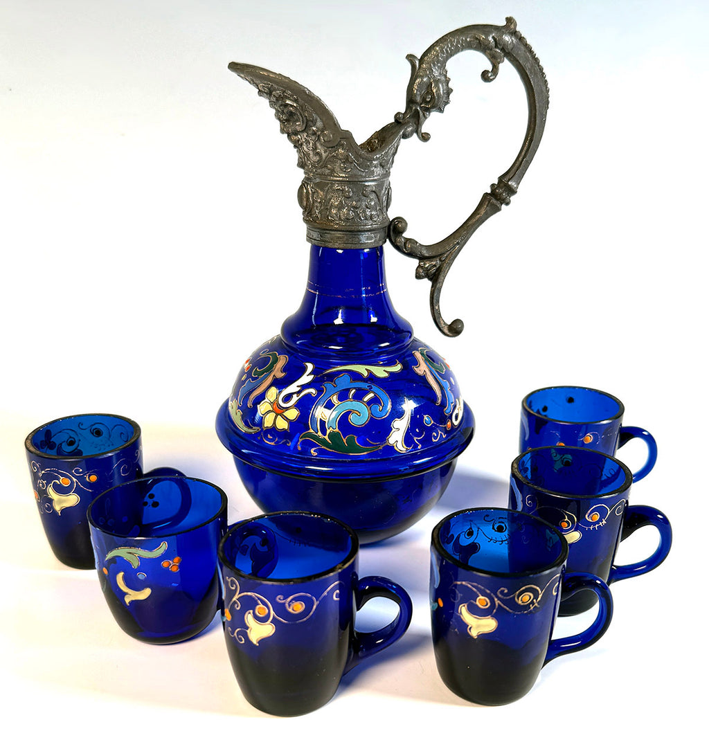 Antique French 7pc Raised Enamel on Cobalt Glass Liqueur Service, Decanter and 6 Aperitif Cups, Mascaron