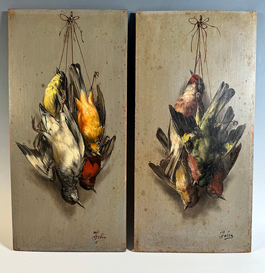 Pair of Antique French Oil Paintings in Hunt Theme, Nature Morte Still Life with 8 Colorful Birds