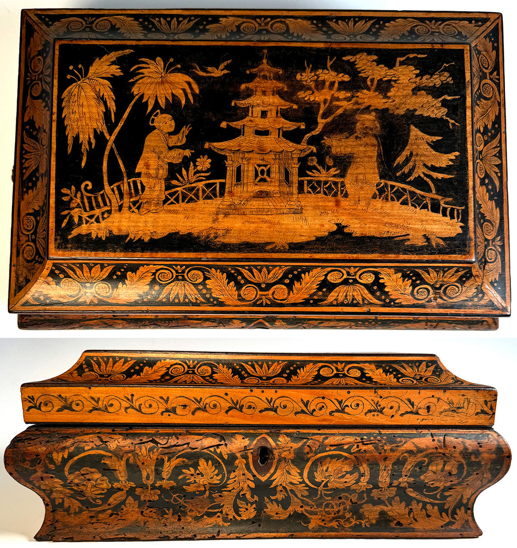 Antique English Ink Painting Penwork Georgian-Victorian Sewing or Jewelry 11" Box, Chest, Chinoise Pagoda