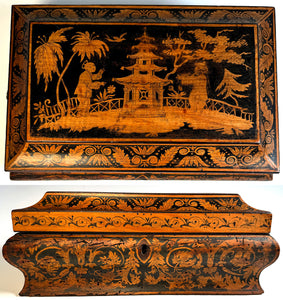 Antique English Ink Painting Penwork Georgian-Victorian Sewing or Jewelry 11" Box, Chest, Chinoise Pagoda