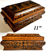 Antique English Ink Painting Penwork Georgian-Victorian Sewing or Jewelry 11" Box, Chest, Chinoise Pagoda