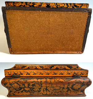 Antique English Ink Painting Penwork Georgian-Victorian Sewing or Jewelry 11" Box, Chest, Chinoise Pagoda