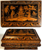 Antique English Ink Painting Penwork Georgian-Victorian Sewing or Jewelry 11" Box, Chest, Chinoise Pagoda