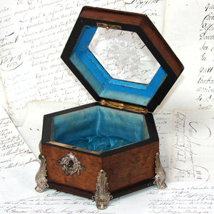 Antique French Napoleon III Jewelry Casket, Hexagonal Vitrine Box with Floral Intaglio Etched Glass Top