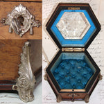 Antique French Napoleon III Jewelry Casket, Hexagonal Vitrine Box with Floral Intaglio Etched Glass Top
