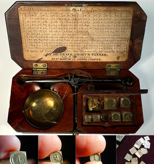 RARE Early 19th Century English Burl Box, Jeweler's Gold and Diamond Scale all Weights, Necessaire