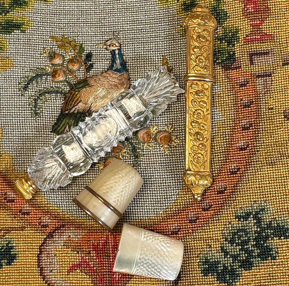 Antique French Early 1800s Palais Royal Perfume or Scent Bottle, Flask, 18k Cap from Sewing Necessaire