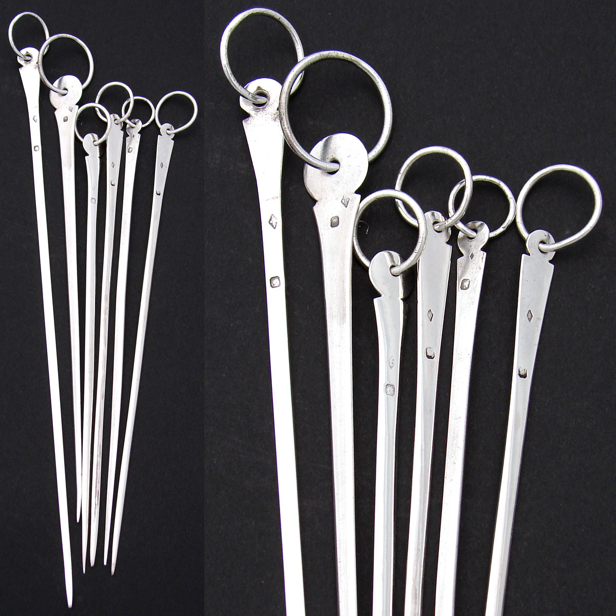 Lovely Antique French Hallmarked Sterling Silver 6pc Skewer or Hatelet Set, 7.75" to 9.75"