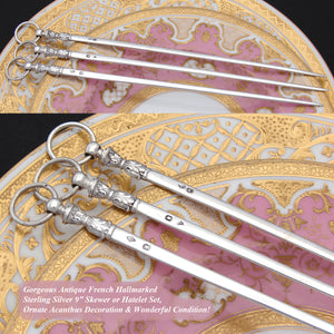 Gorgeous Antique French Hallmarked Sterling Silver 3pc 9" Skewer or Hatelet Set, Acanthus