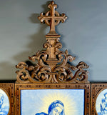 Large Antique French Carved Triptych Crucifix Frame w 4 Hand Painted Porcelain Plaques, Madonna, Jesus