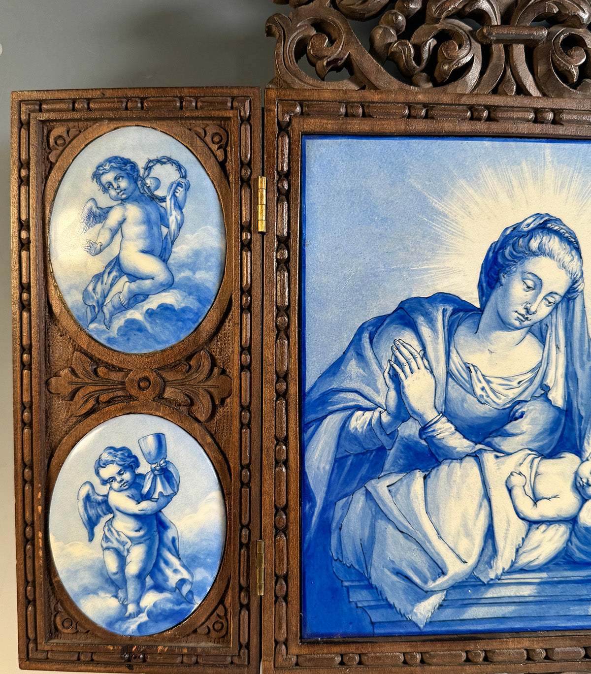 Large Antique French Carved Triptych Crucifix Frame w 4 Hand Painted Porcelain Plaques, Madonna, Jesus