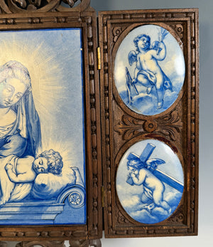 Large Antique French Carved Triptych Crucifix Frame w 4 Hand Painted Porcelain Plaques, Madonna, Jesus