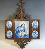 Large Antique French Carved Triptych Crucifix Frame w 4 Hand Painted Porcelain Plaques, Madonna, Jesus