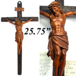 Fabulous Antique 26" Hand Carved Black Forest Style Crucifix, Wonderful Detail & Visual Appeal