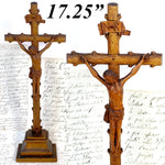 Fine Antique 17" Hand Carved Black Forest Style Crucifix, Expired Christ or Corpus, INRI Plaque