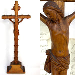 Fine Antique 17" Hand Carved Black Forest Style Crucifix, Expired Christ or Corpus, INRI Plaque