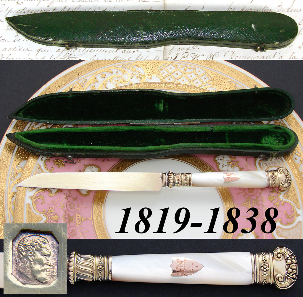Rare Antique French 18k on Sterling Silver Vermeil & Mother of Pearl Knife, Original Shaped Box or Travel Etui