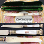 Rare Antique French 18k on Sterling Silver Vermeil & Mother of Pearl Knife, Original Shaped Box or Travel Etui