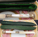 Rare Antique French 18k on Sterling Silver Vermeil & Mother of Pearl Knife, Original Shaped Box or Travel Etui