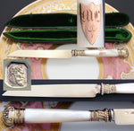 Rare Antique French 18k on Sterling Silver Vermeil & Mother of Pearl Knife, Original Shaped Box or Travel Etui