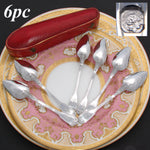 Antique French Sterling Silver 6pc Teaspoon Set in Coffin Shaped Leatherette Case, Etui