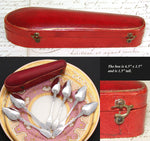 Antique French Sterling Silver 6pc Teaspoon Set in Coffin Shaped Leatherette Case, Etui