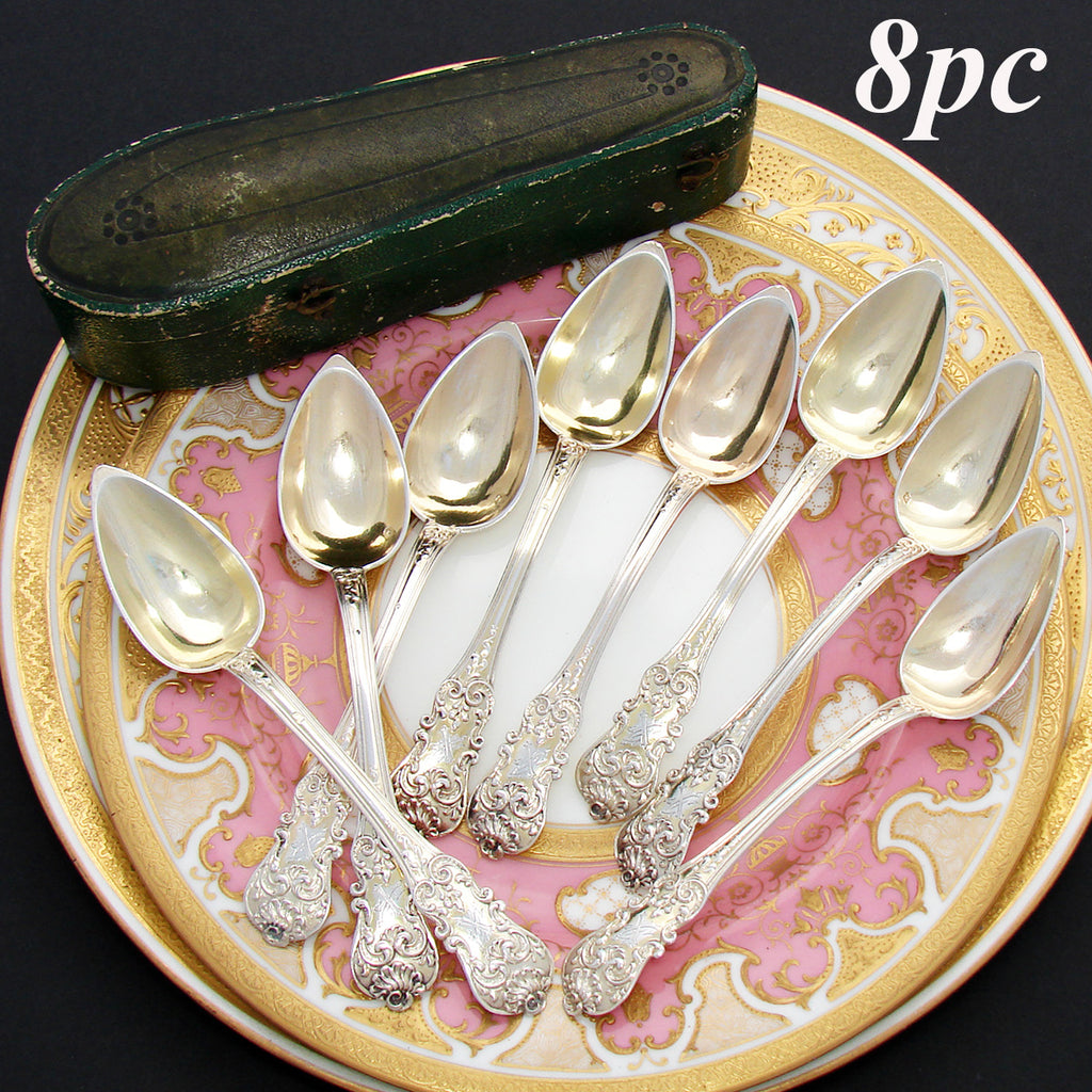 Antique French 18k on Sterling Silver Vermeil 8pc Teaspoon Set, Ornate Pattern & Shaped Leather Box, Etui
