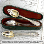 Antique French 18k on Sterling Silver Vermeil 8pc Teaspoon Set, Ornate Pattern & Shaped Leather Box, Etui