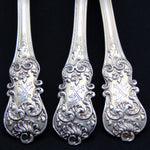 Antique French 18k on Sterling Silver Vermeil 8pc Teaspoon Set, Ornate Pattern & Shaped Leather Box, Etui