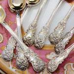 Antique French 18k on Sterling Silver Vermeil 8pc Teaspoon Set, Ornate Pattern & Shaped Leather Box, Etui