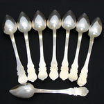 Antique French 18k on Sterling Silver Vermeil 8pc Teaspoon Set, Ornate Pattern & Shaped Leather Box, Etui
