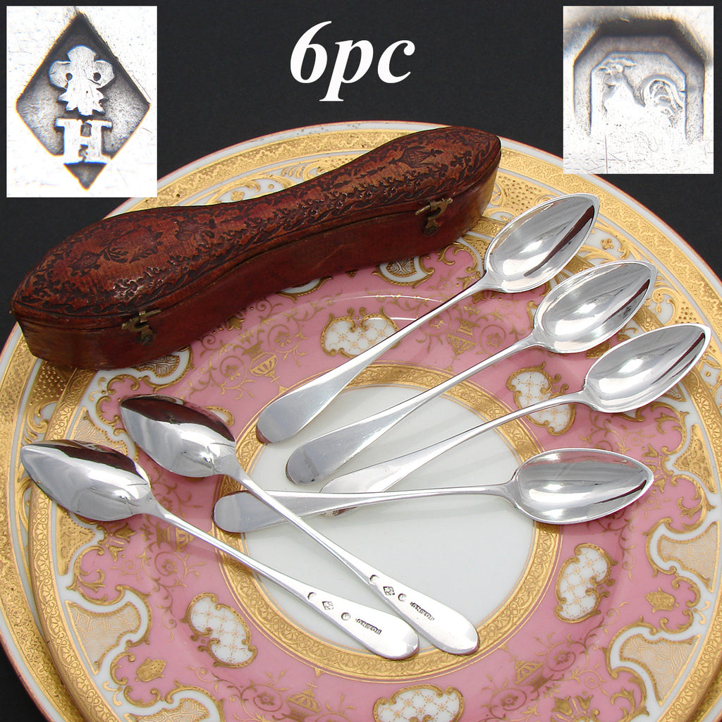 Antique French 1789-1809 Hallmarked Sterling Silver 6pc Teaspoon Set in Shaped & Tooled Leather Case, Etui