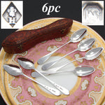 Antique French 1789-1809 Hallmarked Sterling Silver 6pc Teaspoon Set in Shaped & Tooled Leather Case, Etui
