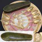 Antique French Gold Plated Solid Silver 6pc Teaspoon Set in Embossed Leather Coffin Shaped Case