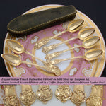 Antique French Gold Plated Solid Silver 6pc Teaspoon Set in Embossed Leather Coffin Shaped Case