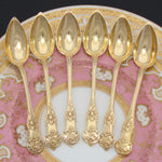 Antique French Gold Plated Solid Silver 6pc Teaspoon Set in Embossed Leather Coffin Shaped Case