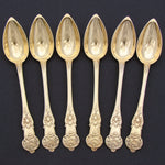 Antique French Gold Plated Solid Silver 6pc Teaspoon Set in Embossed Leather Coffin Shaped Case
