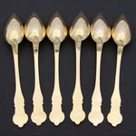 Antique French Gold Plated Solid Silver 6pc Teaspoon Set in Embossed Leather Coffin Shaped Case