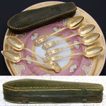 Antique French Gold Plated Solid Silver 6pc Teaspoon Set in Embossed Leather Coffin Shaped Case