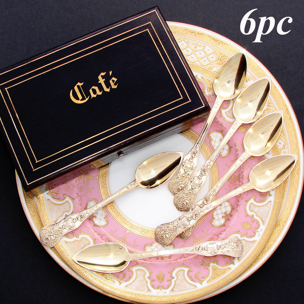 Antique French 18k Gold on Silver "Vermeil" 6pc Teaspoon Set in Brass "Cafe" Inlaid Rosewood Box