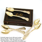 Antique French 18k Gold on Silver "Vermeil" 6pc Teaspoon Set in Brass "Cafe" Inlaid Rosewood Box