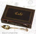 Antique French 18k Gold on Silver "Vermeil" 6pc Teaspoon Set in Brass "Cafe" Inlaid Rosewood Box