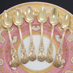 Antique French 18k Gold on Silver "Vermeil" 6pc Teaspoon Set in Brass "Cafe" Inlaid Rosewood Box