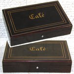 Antique French 18k Gold on Silver "Vermeil" 6pc Teaspoon Set in Brass "Cafe" Inlaid Rosewood Box