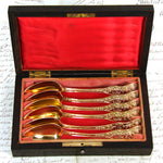 Antique French 18k Gold on Silver "Vermeil" 6pc Teaspoon Set in Brass "Cafe" Inlaid Rosewood Box