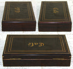 Antique French 18k Gold on Silver "Vermeil" 6pc Teaspoon Set in Brass "Cafe" Inlaid Rosewood Box